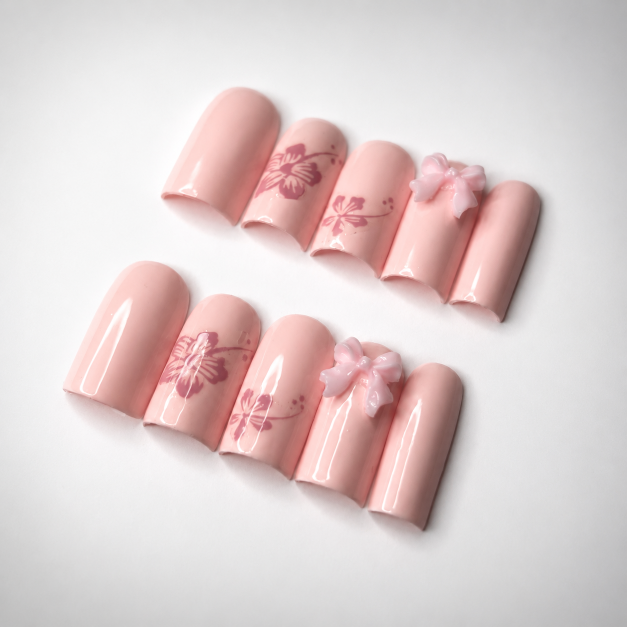 Pink Flower Bow Nails — Size 2-5-4-6-9