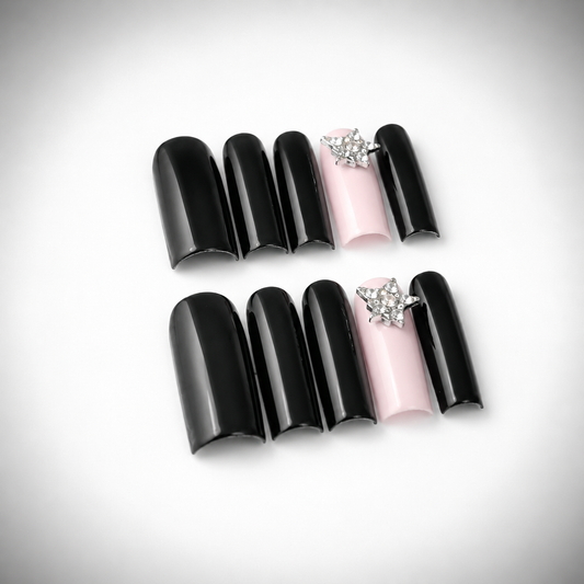 Black & Pink Star Nails — Size 2-8-9-8-11