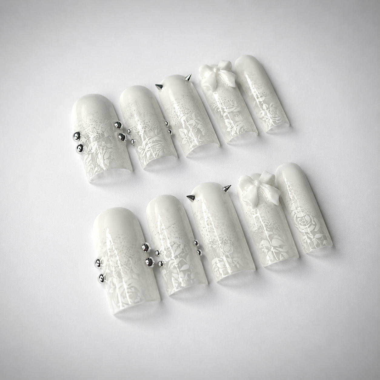 White Lace Bow Nails — Size 2-5-4-6-9