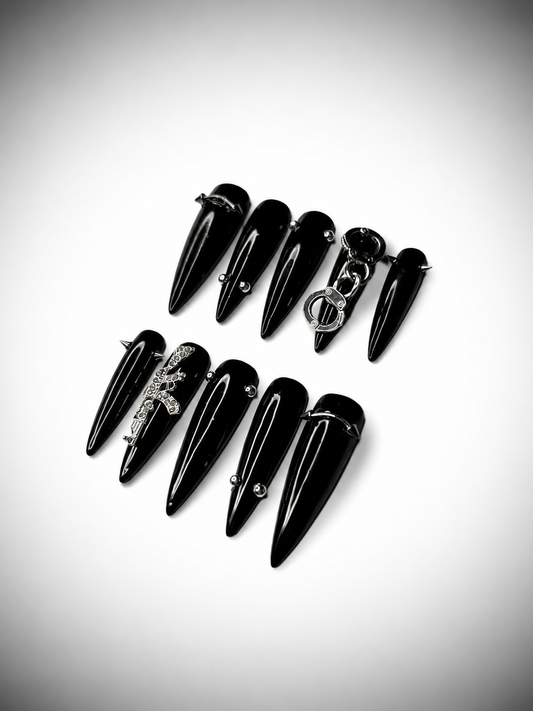 Black Stiletto Nails With Gun & Handcuff Charms – Sizes 3-6-5-7-9