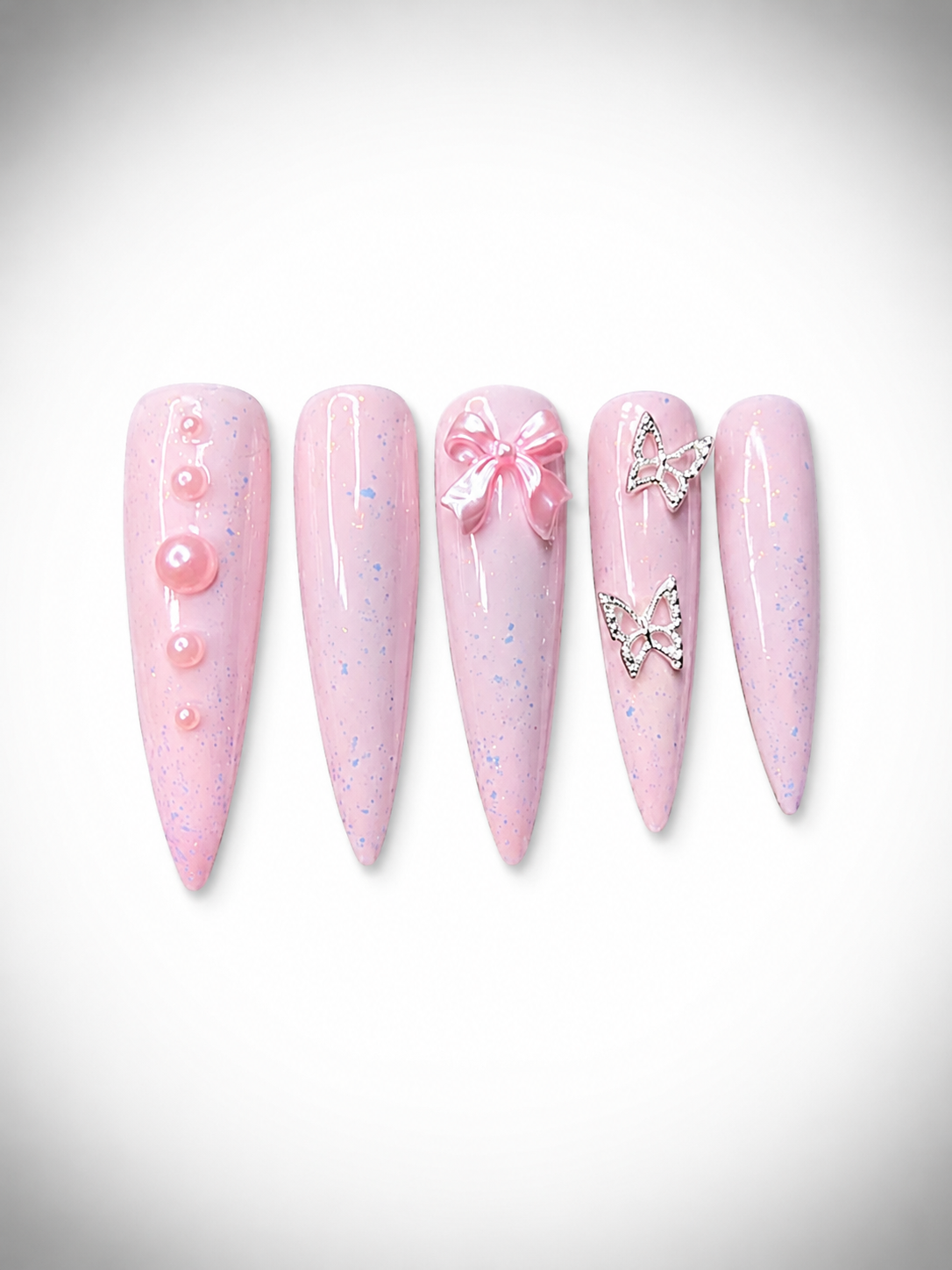 Pink Press-On Nails with Pearls, Glitter & 3D Bow
Size: 3 – 6 – 5 – 8 – 9