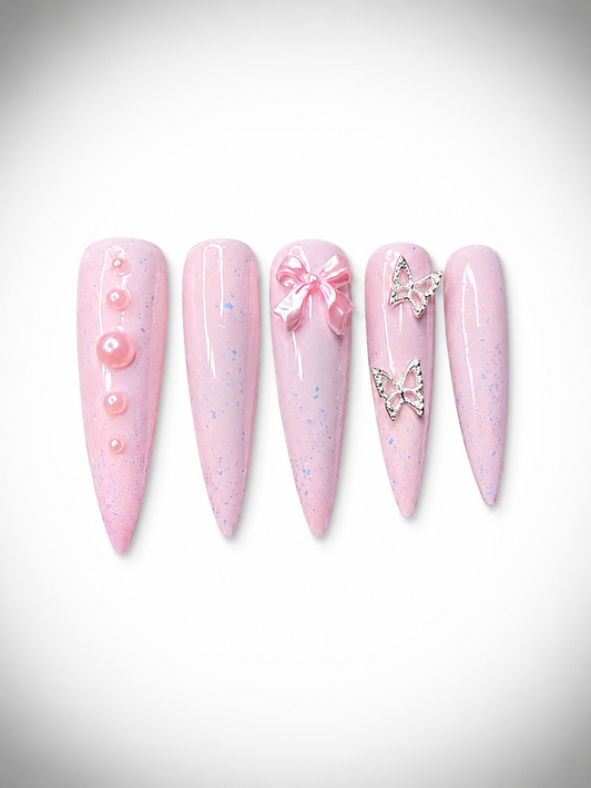 Pink Press-On Nails with Pearls, Glitter & 3D Bow
Size: 3 – 6 – 5 – 8 – 9